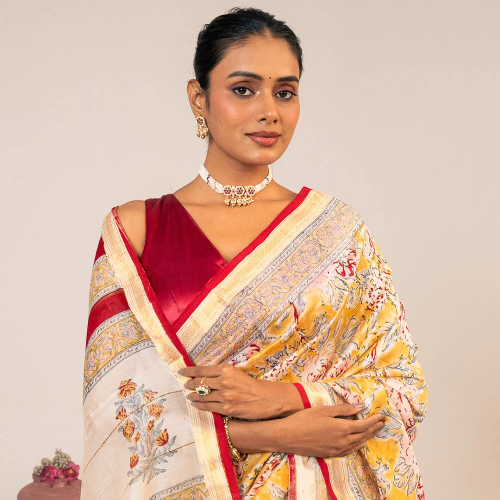 Kesar Phool Handblock Saree