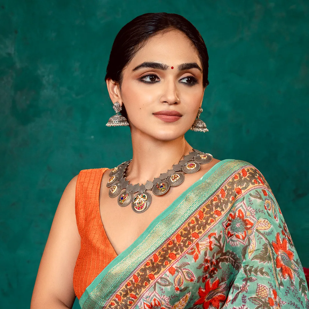 Teal Bloom Chanderi Saree