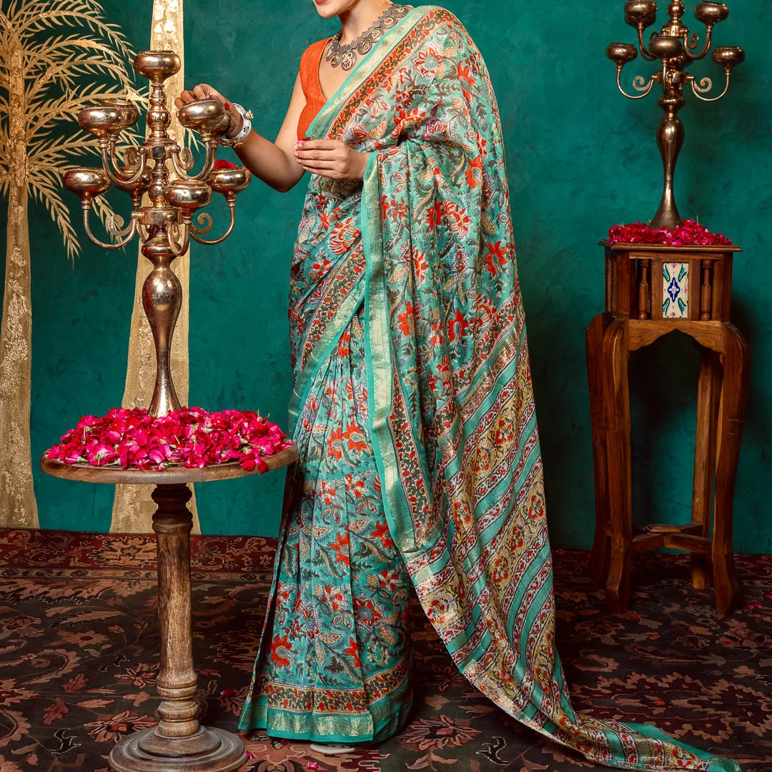 Teal Bloom Chanderi Saree