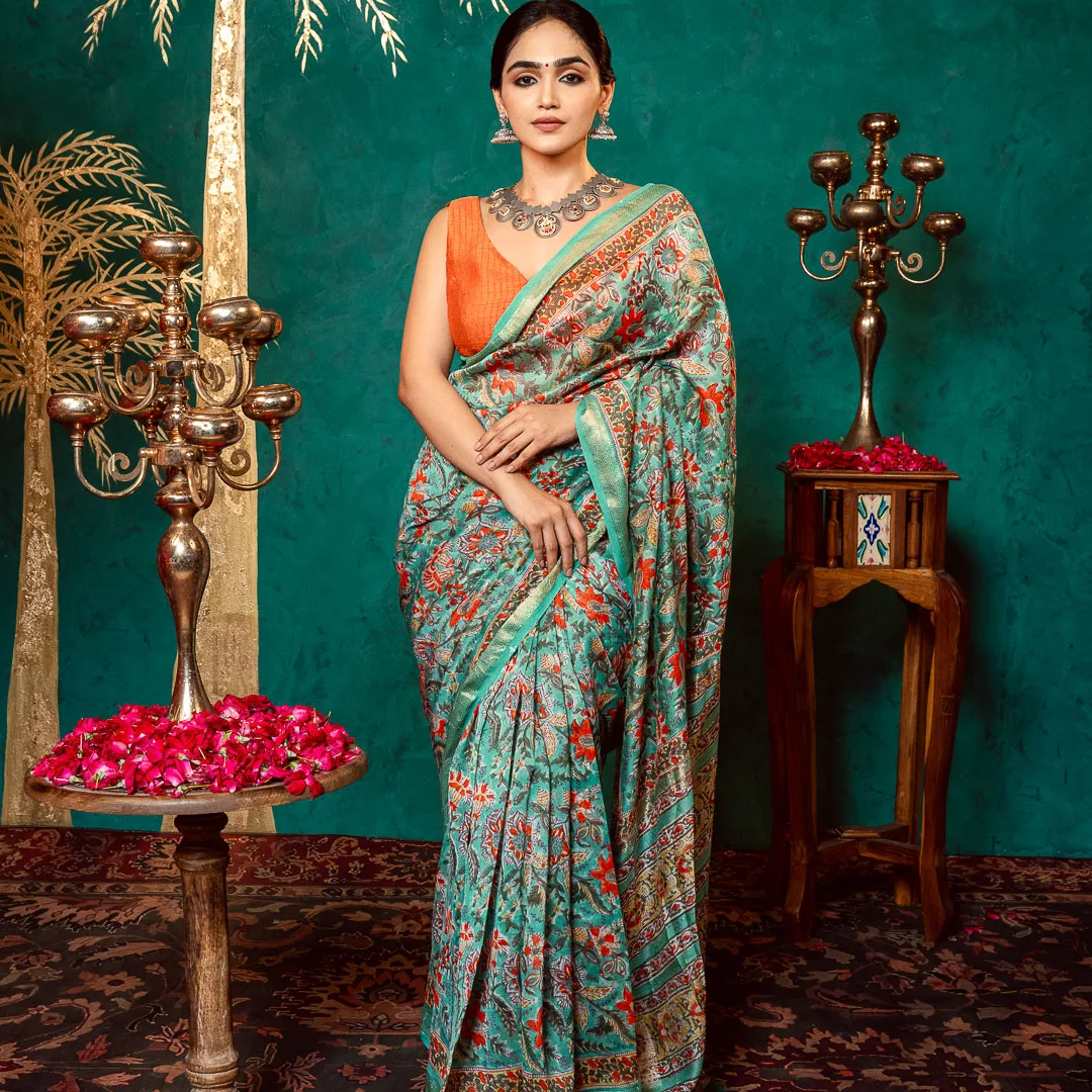 Teal Bloom Chanderi Saree
