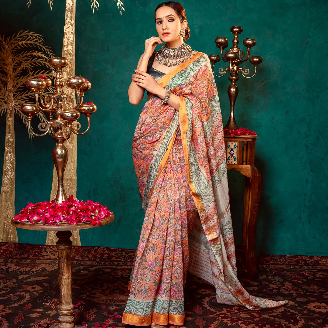 Tangerine Bloom Chanderi Saree