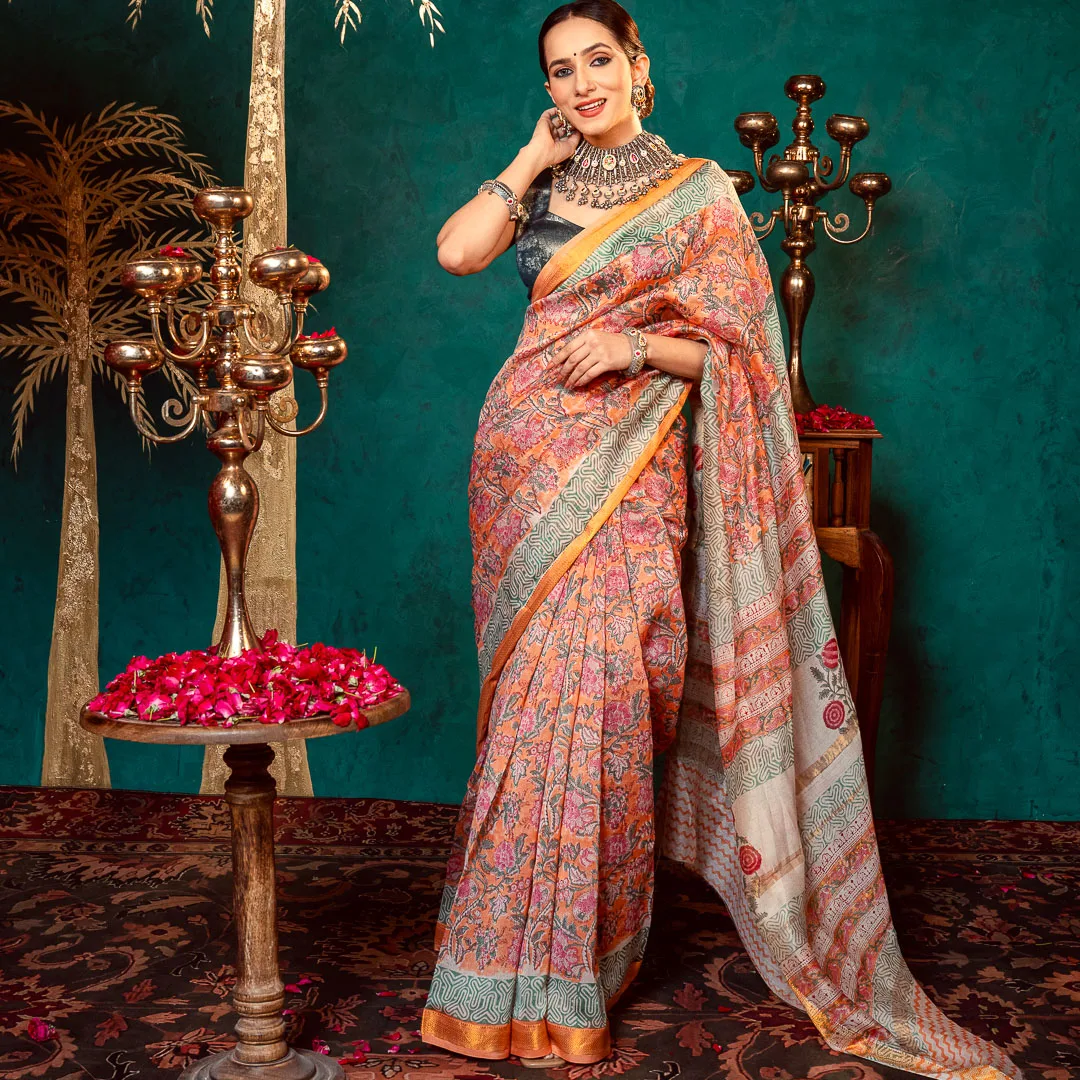 Tangerine Bloom Chanderi Saree