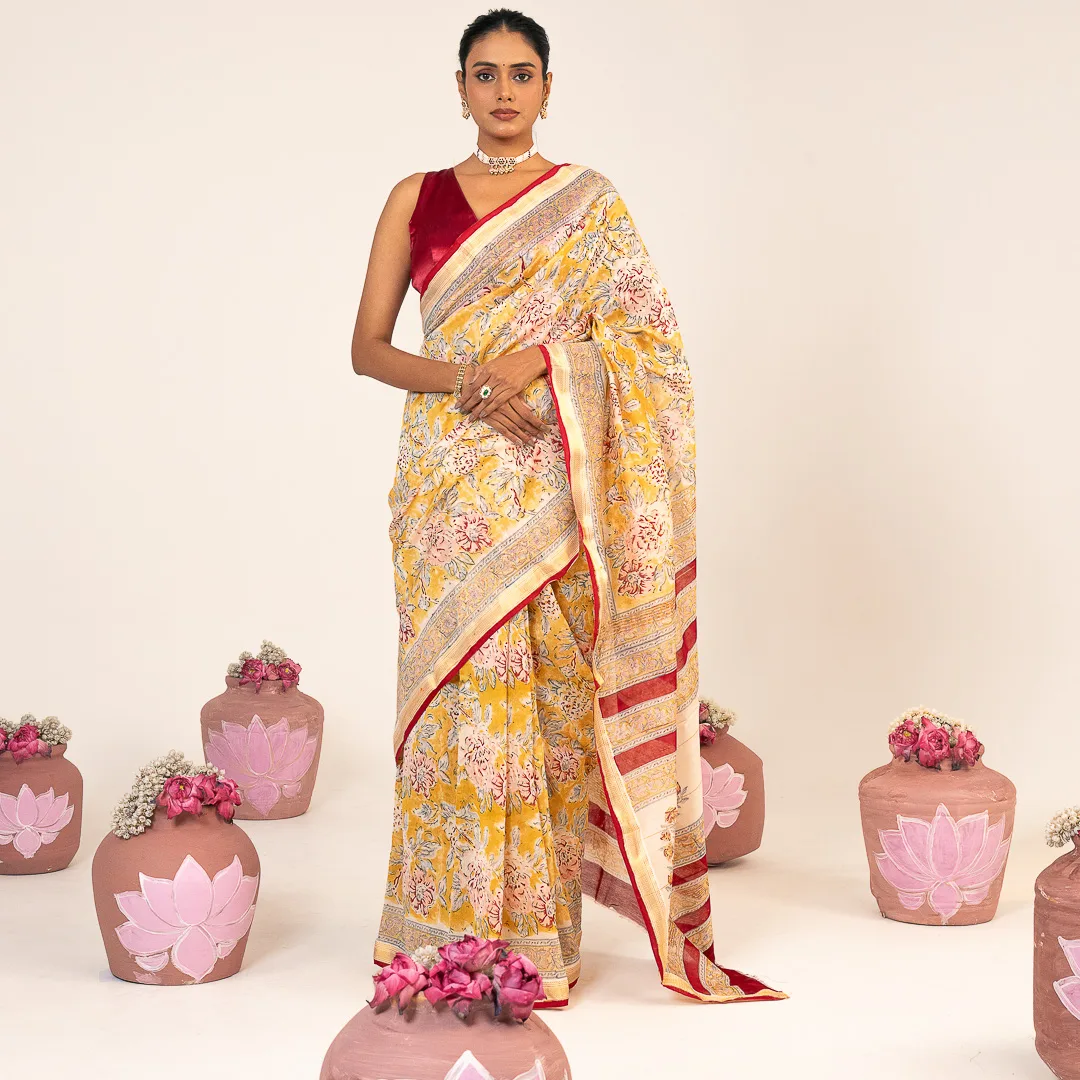 Butter yellow Bloom Chanderi Saree