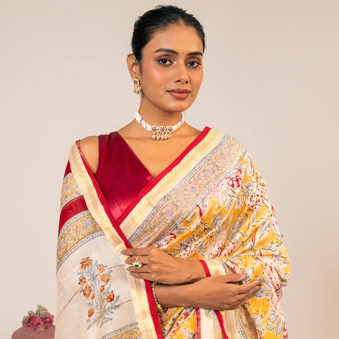 Butter yellow Bloom Chanderi Saree