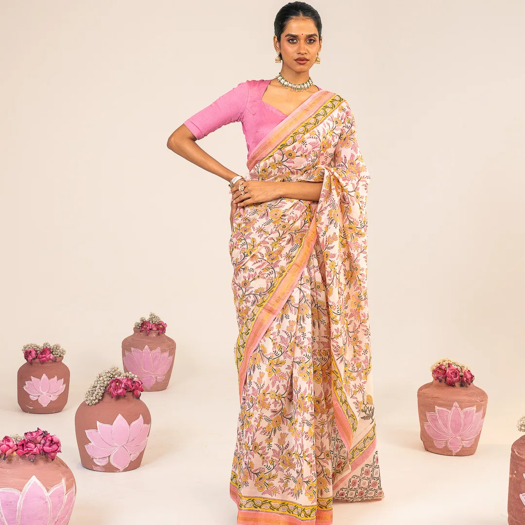 Powder Pink Printed chanderi Saree