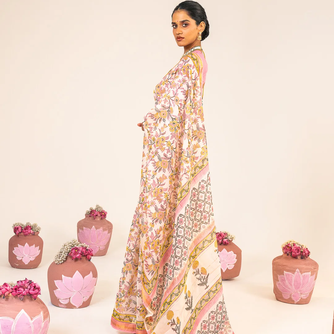 Powder Pink Printed chanderi Saree