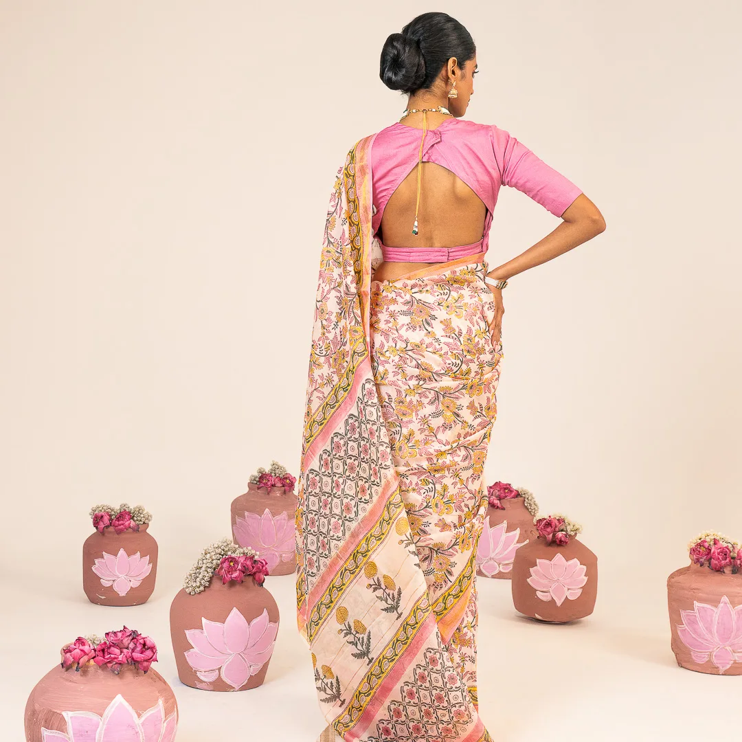 Powder Pink Printed chanderi Saree