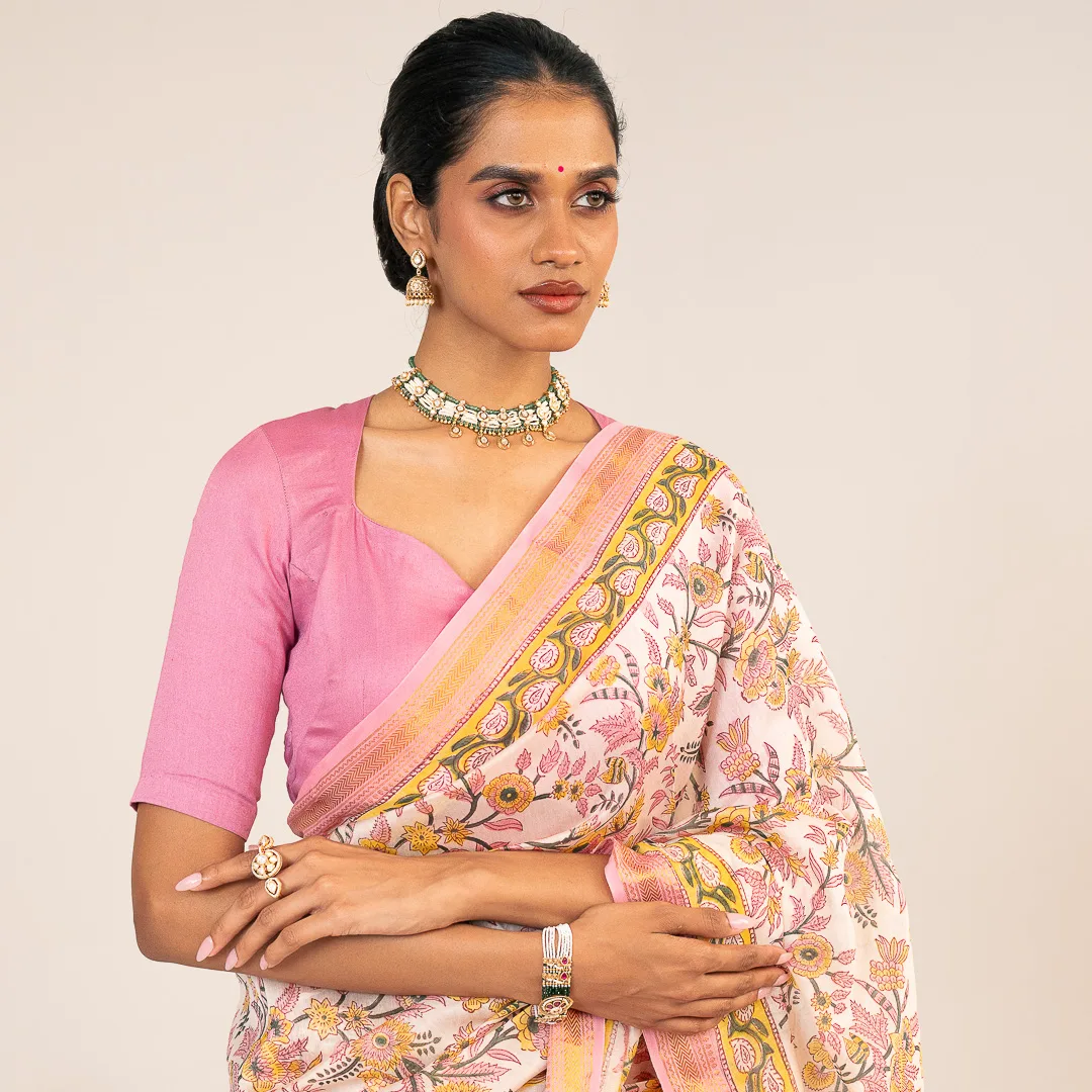 Powder Pink Printed chanderi Saree