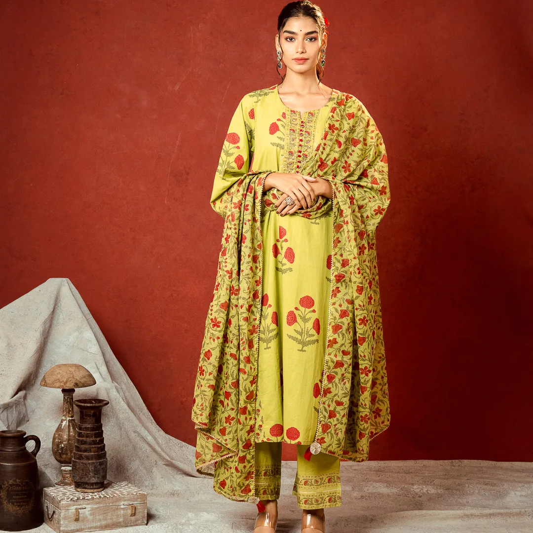 Olive Bloom Heritage Kurta Set with Dupatta