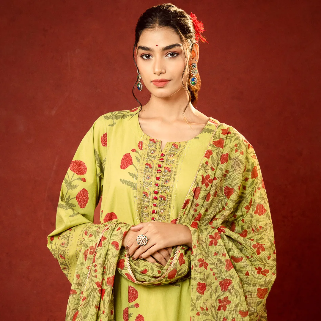 Olive Bloom Heritage Kurta Set with Dupatta