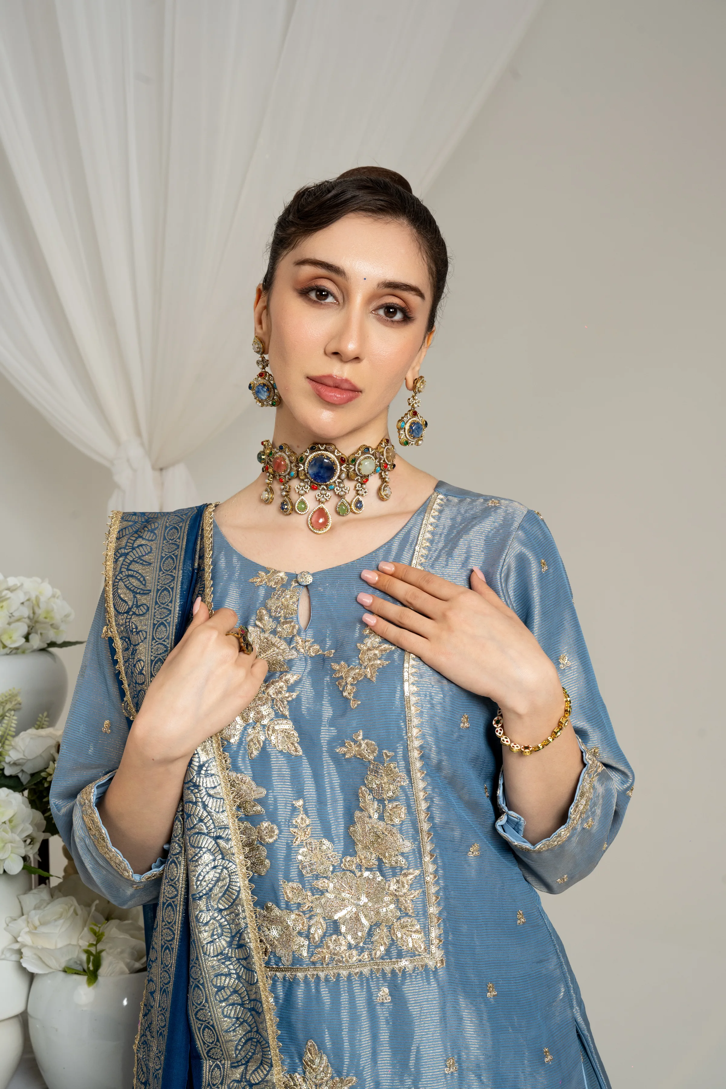 Sky Blue Embroidered Kurta Set with Dupatta