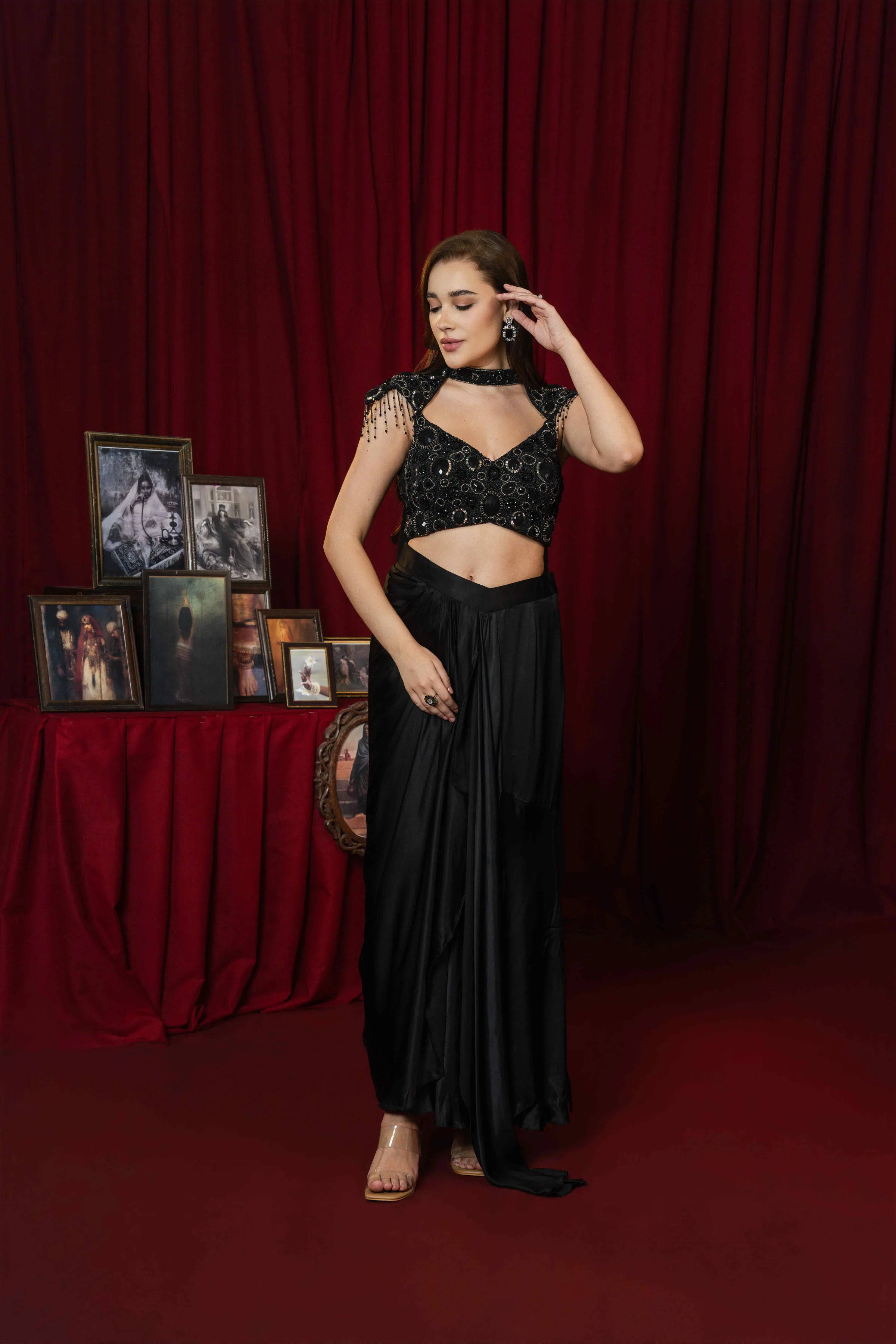 Midnight Black Embellished Draped Skirt with Dupatta