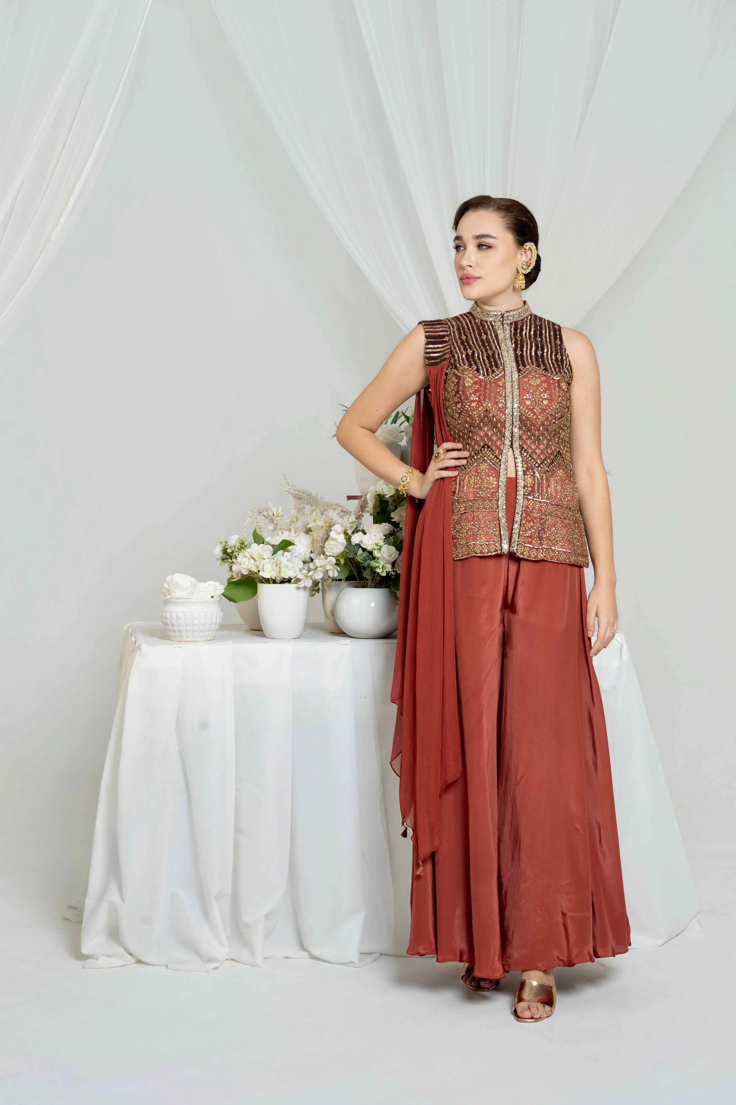 Rust Embroidered Jacket Set