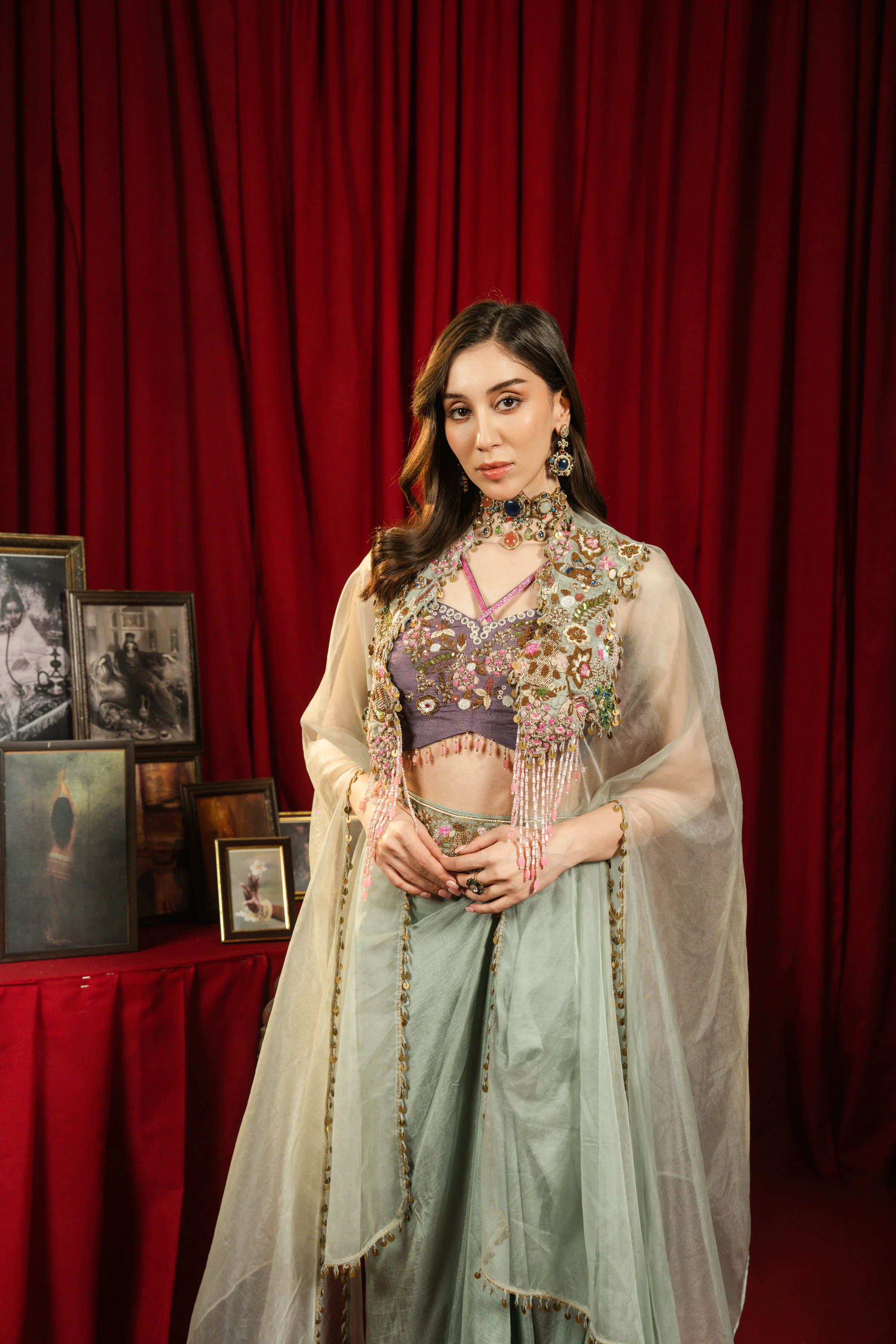Sage Green Hand-Embellished Cape Set