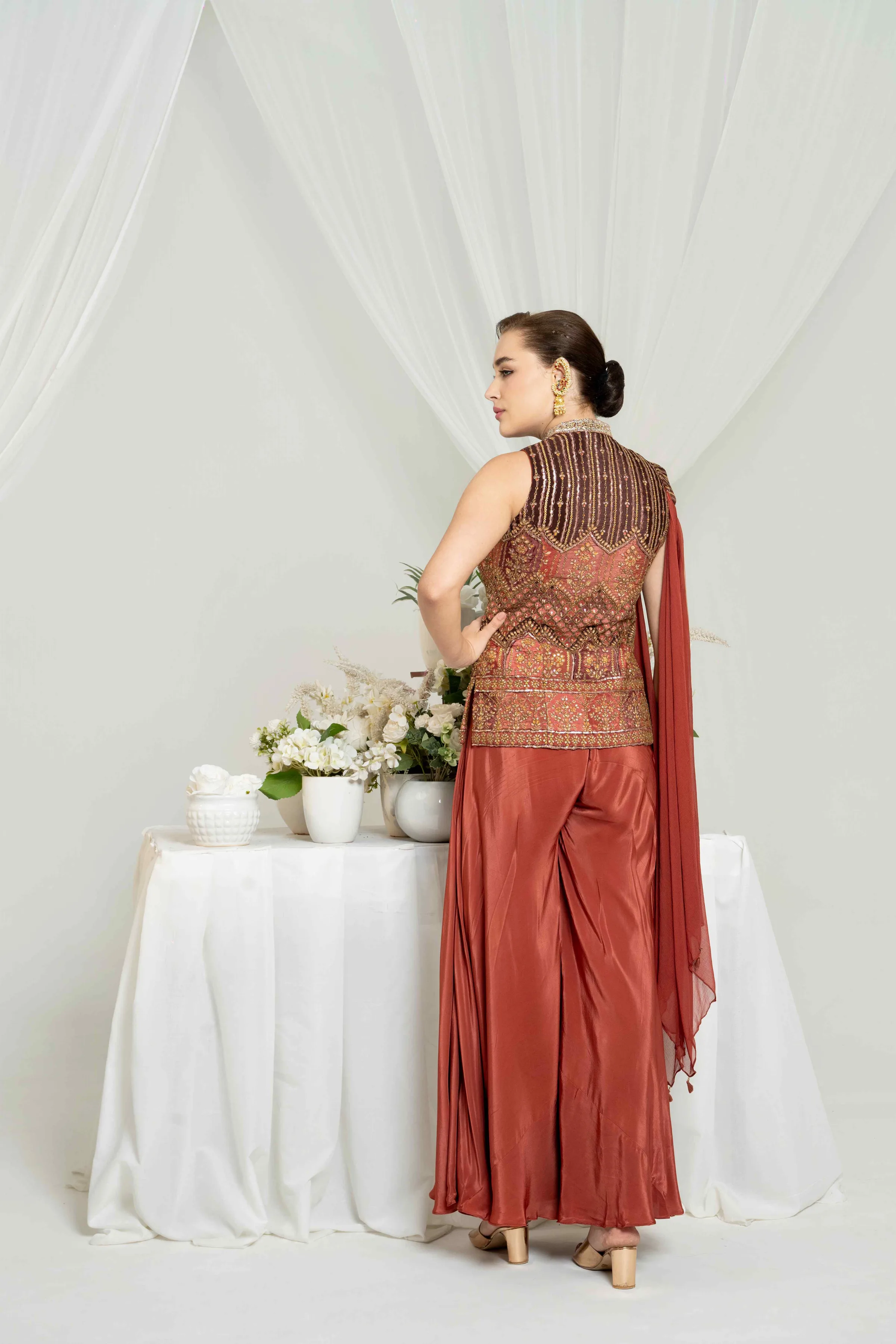 Rust Embroidered Jacket Set