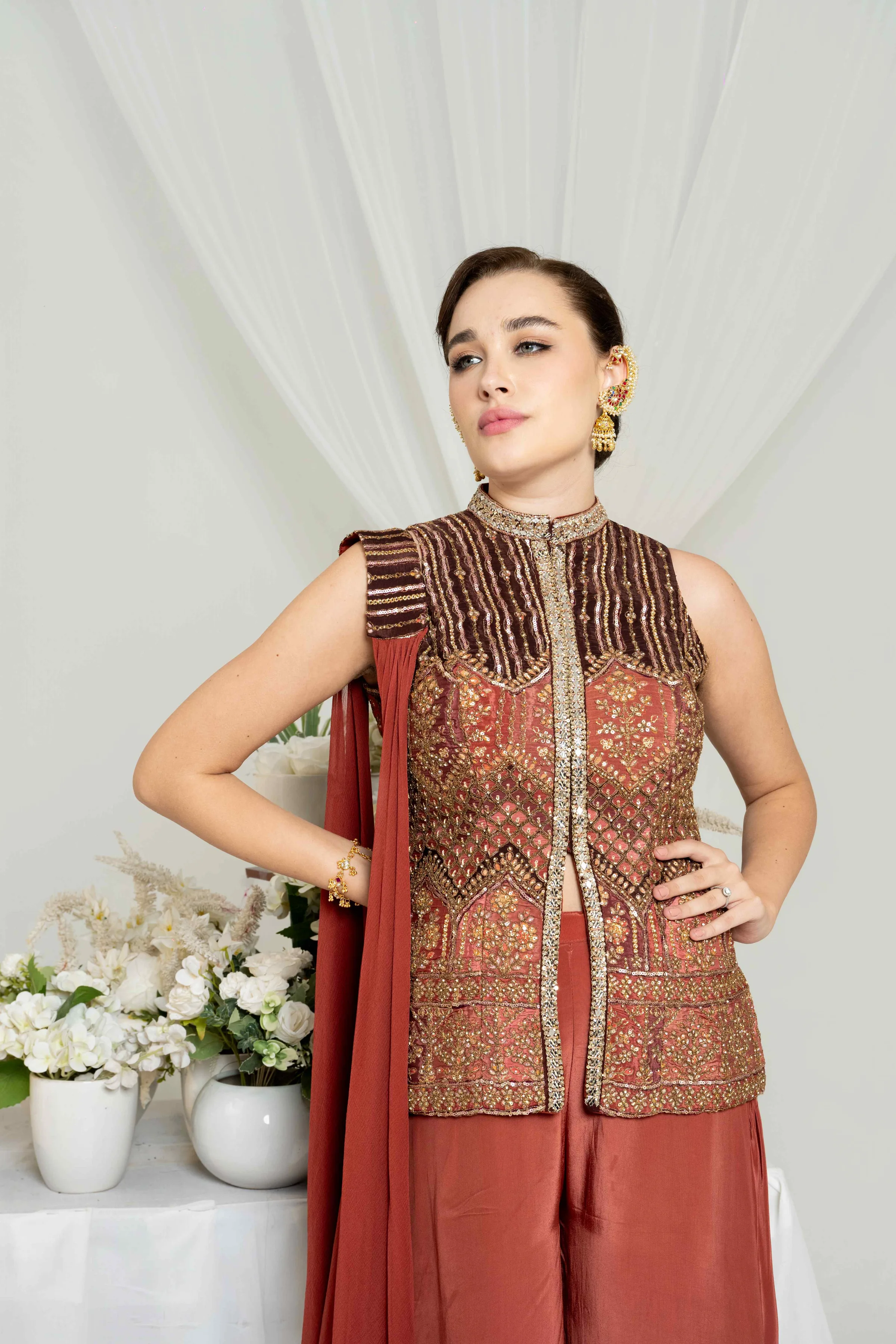 Rust Embroidered Jacket Set