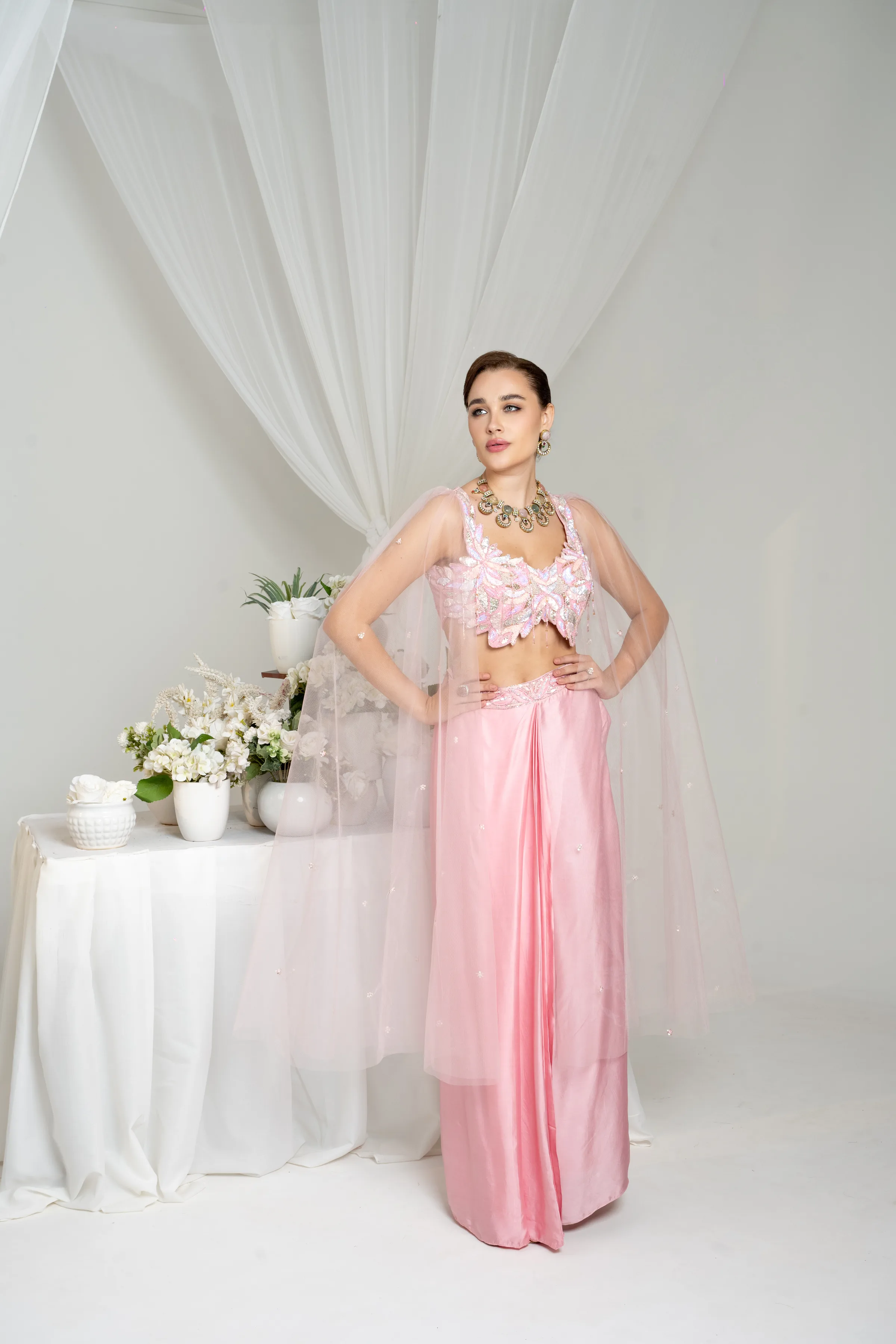 Blush Sequined Co-ord with Cape