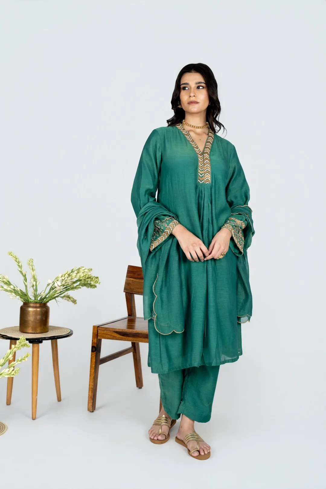 Panna Green Chanderi Kurta set with Dupatta