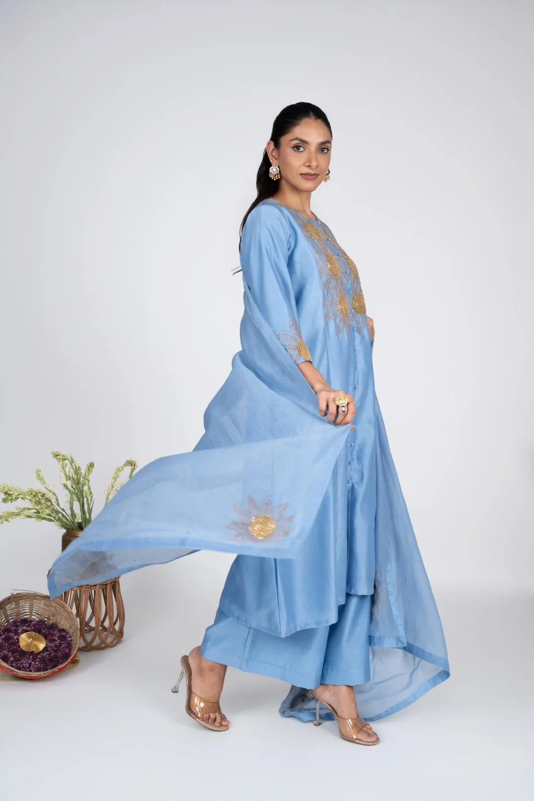 Aasmani Sunflower Kurta set With Chanderi Dupatta