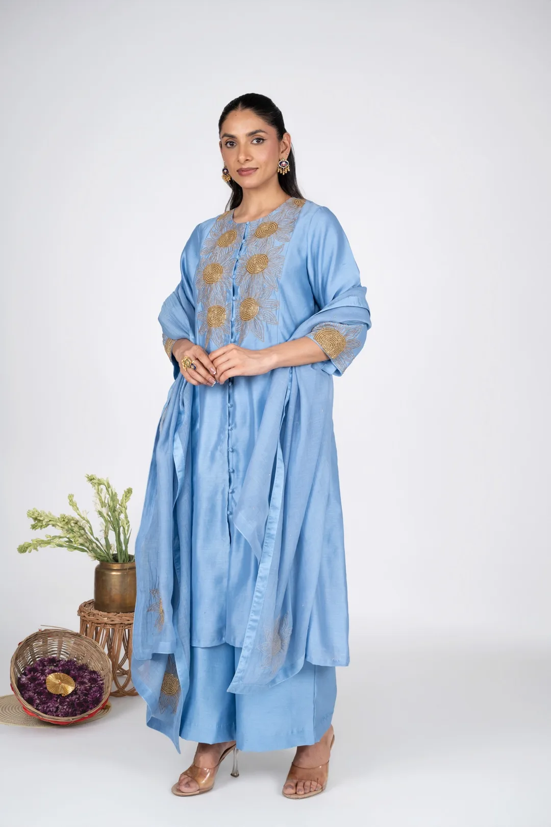 Aasmani Sunflower Kurta set With Chanderi Dupatta