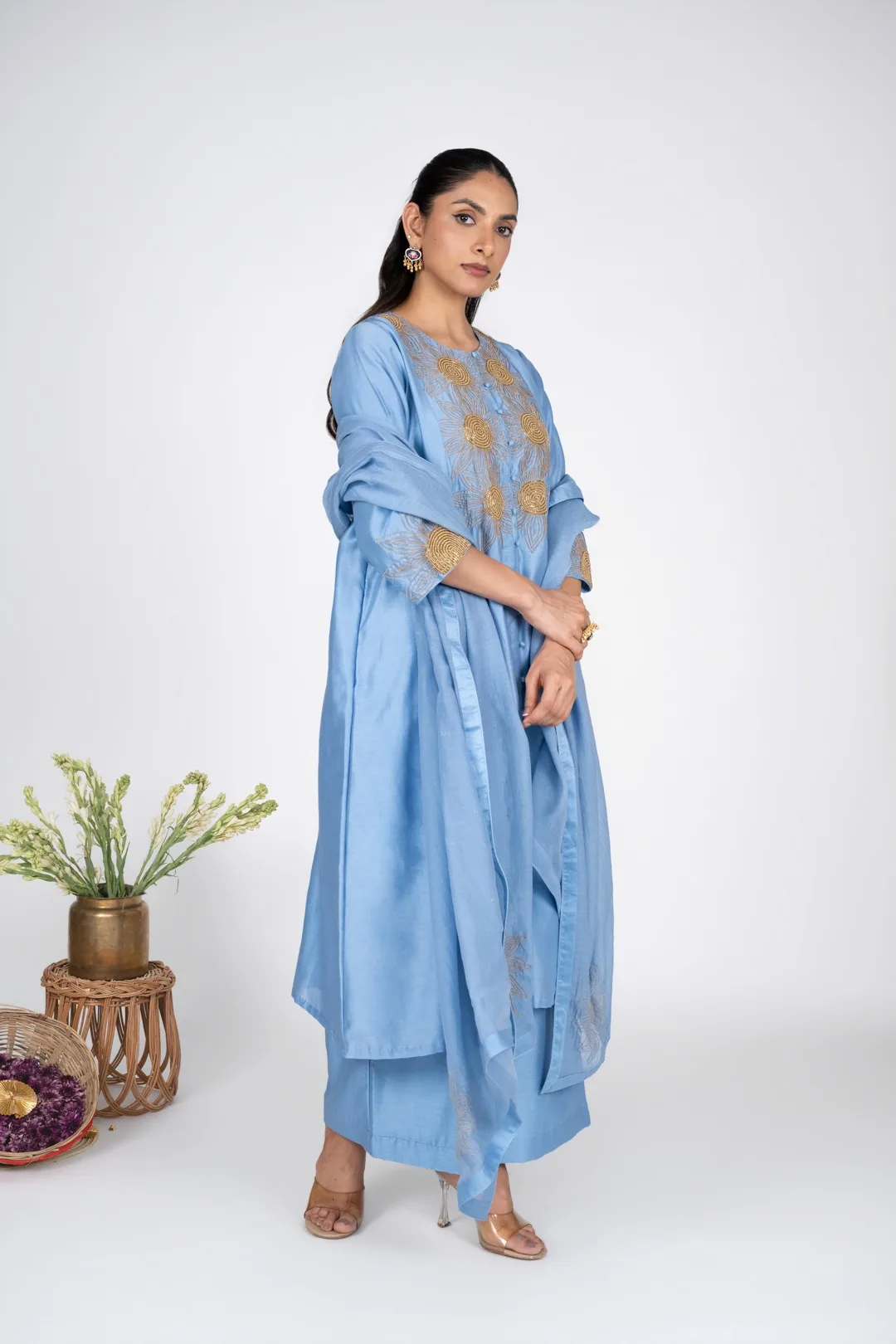 Aasmani Sunflower Kurta set With Chanderi Dupatta