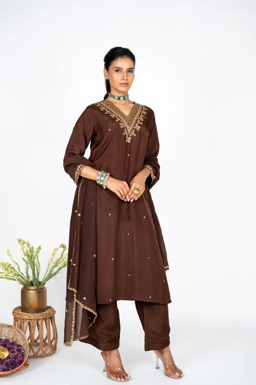 Mahveen Mocha kurta set with Dupatta