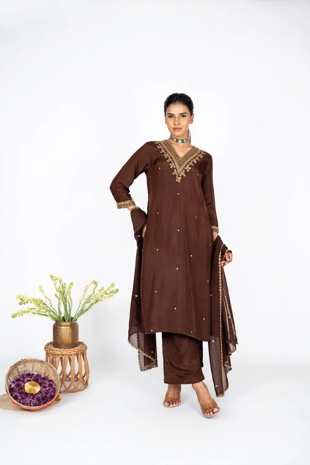 Mahveen Mocha kurta set with Dupatta