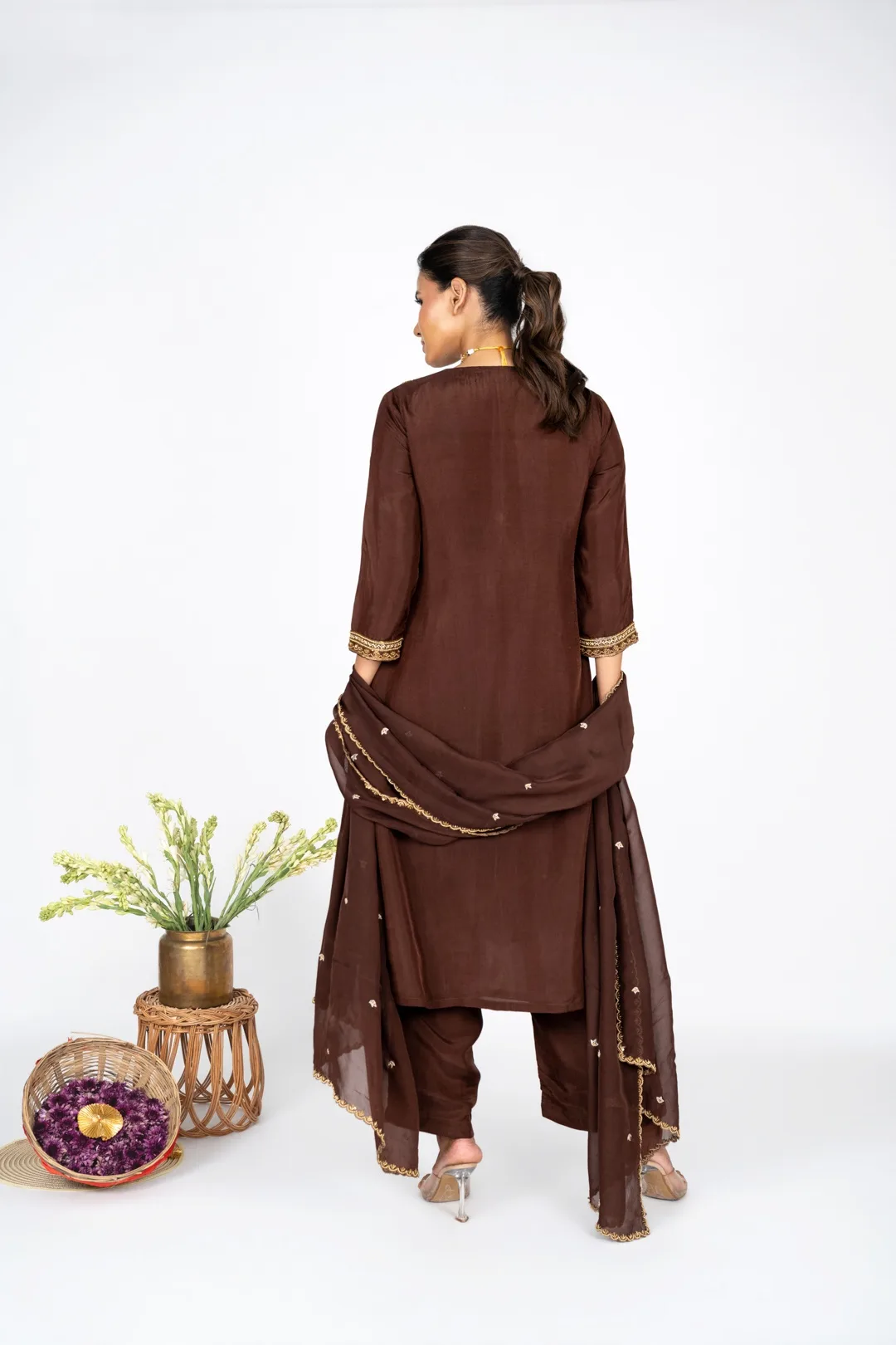 Mahveen Mocha kurta set with Dupatta