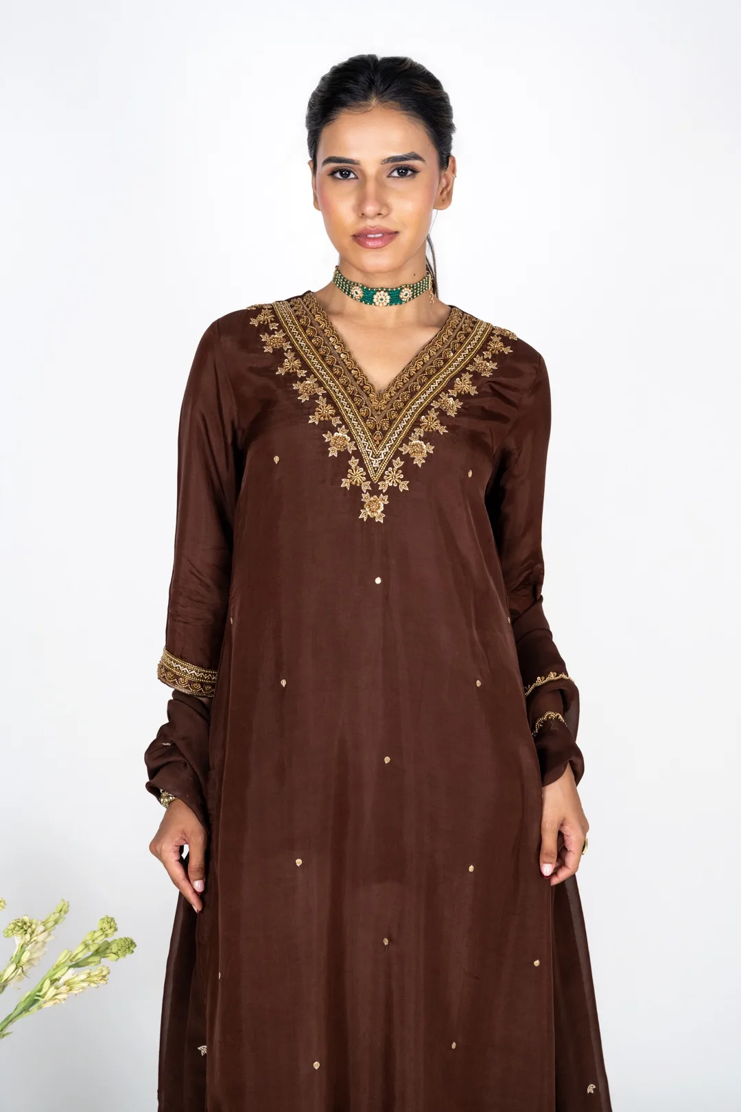 Mahveen Mocha kurta set with Dupatta