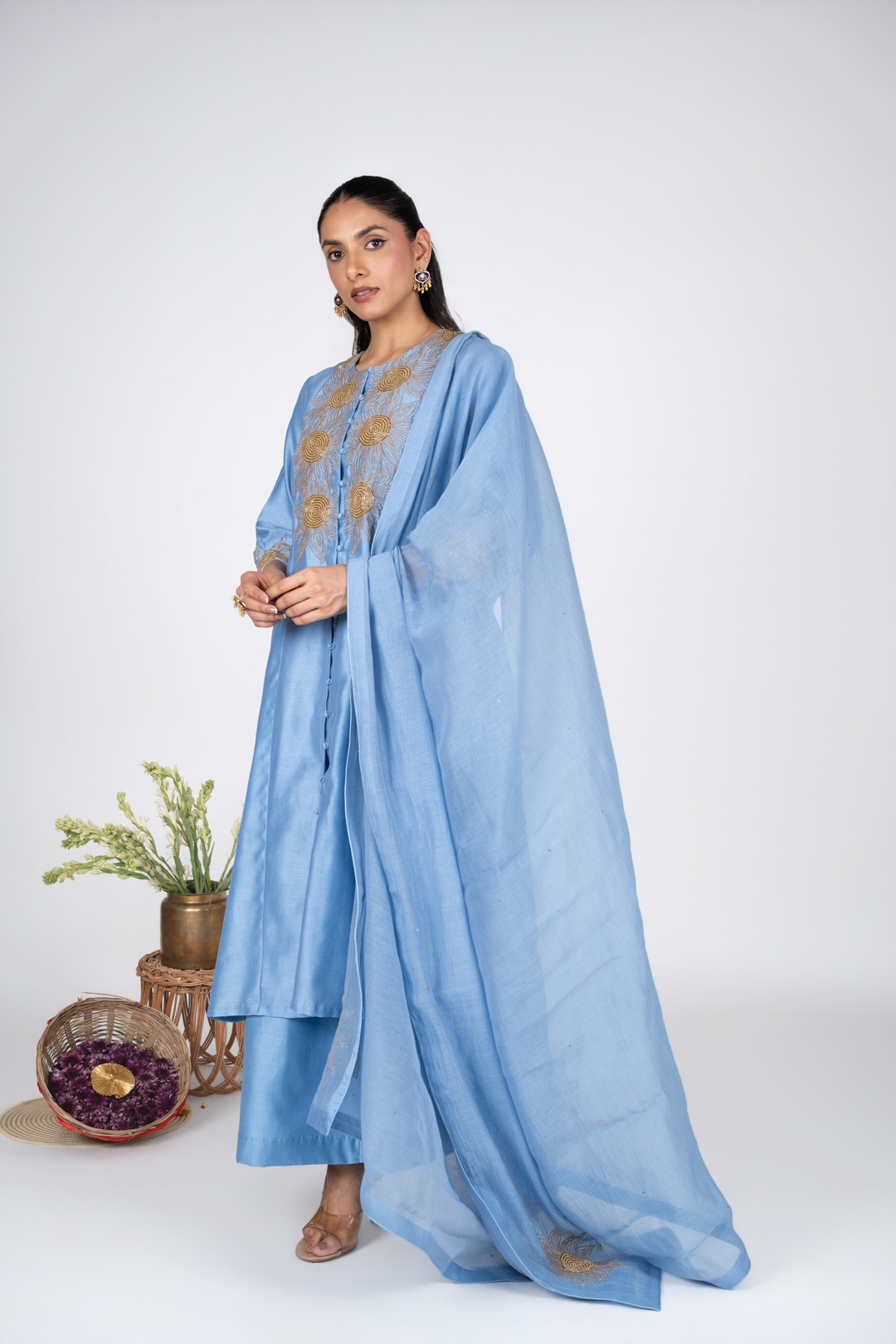 Aasmani Sunflower Kurta set With Chanderi Dupatta