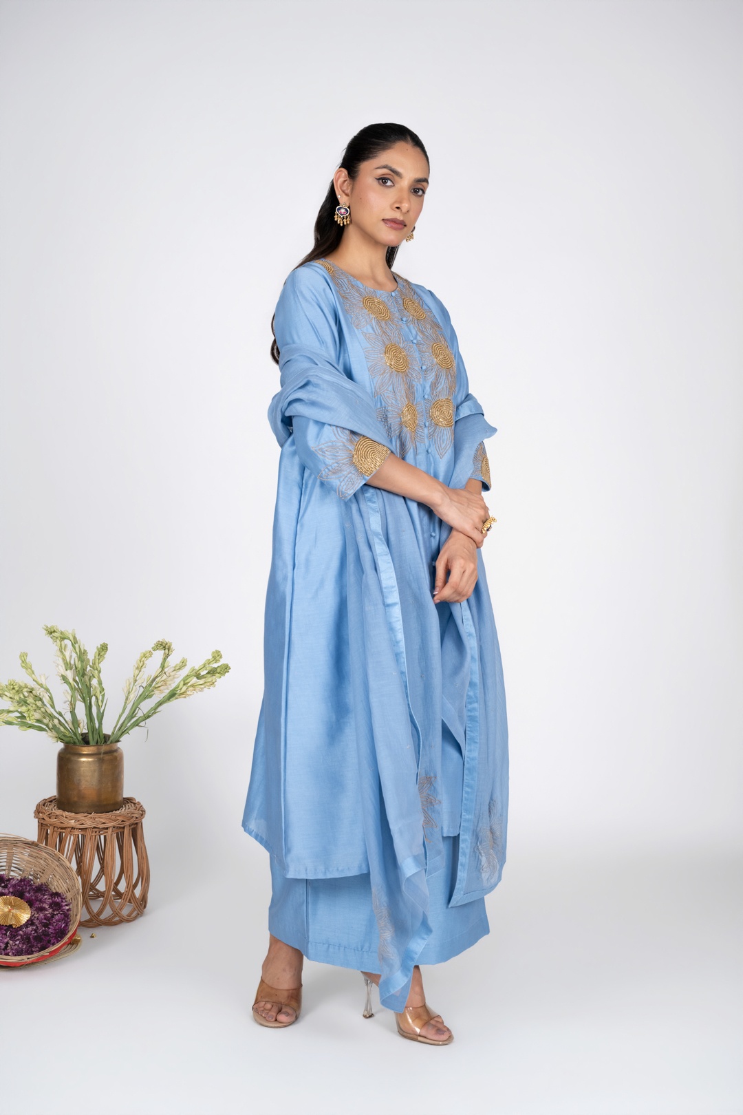 Aasmani Sunflower Kurta set With Chanderi Dupatta