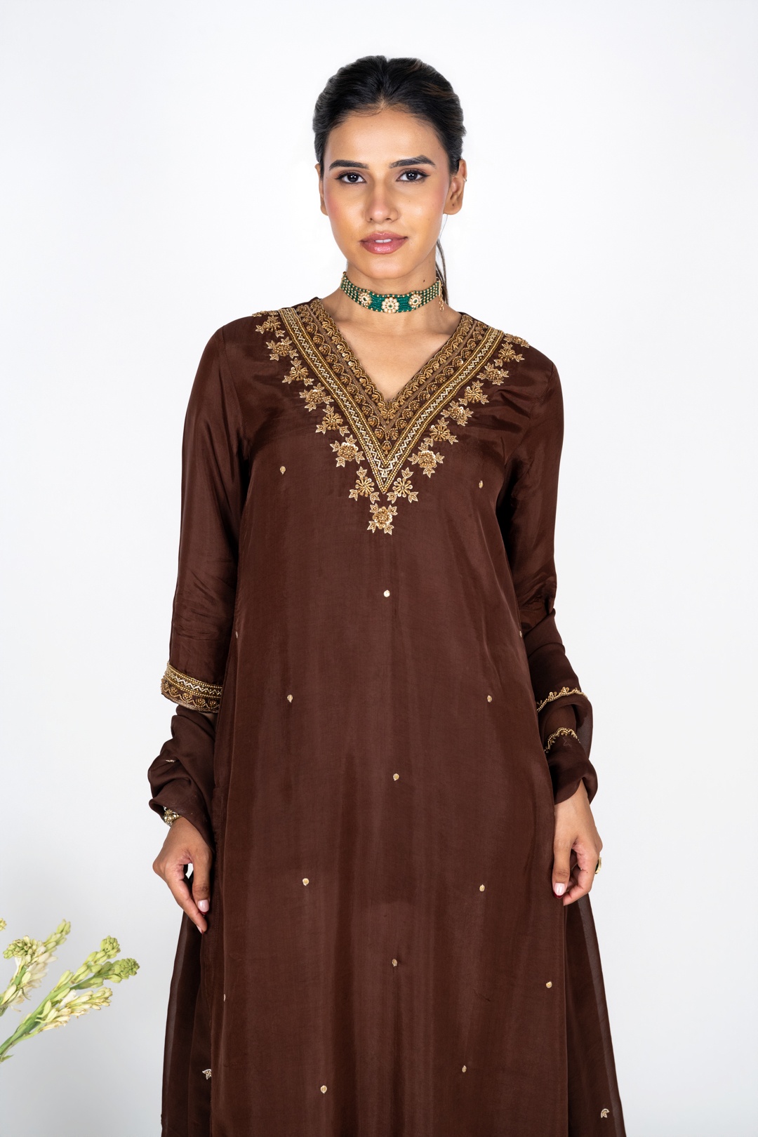 Mahveen Mocha kurta set with Dupatta